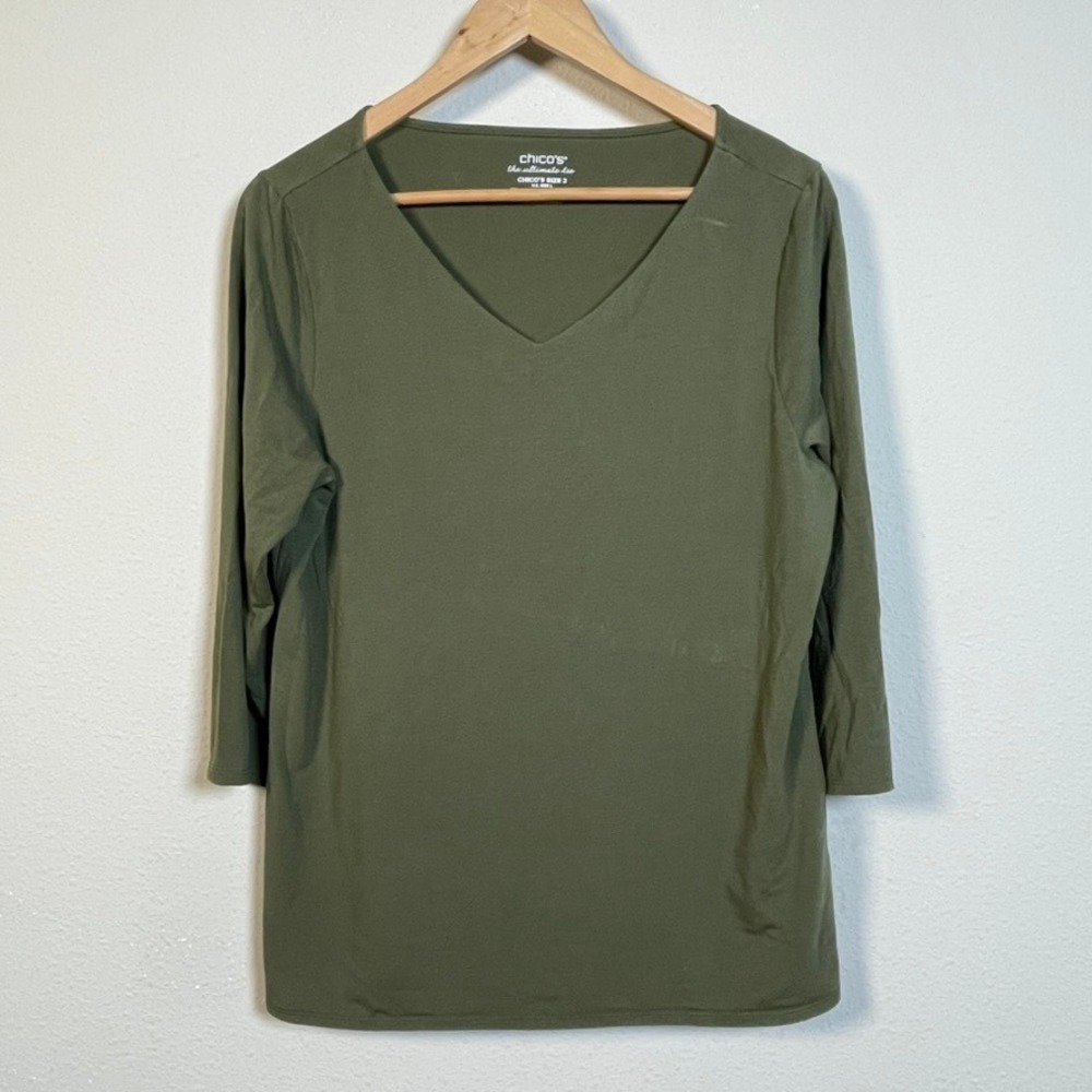 Chico's The Ultimate Tee Women Size 2 L Green V-Neck 3/4 Sleeve Pima Cotton